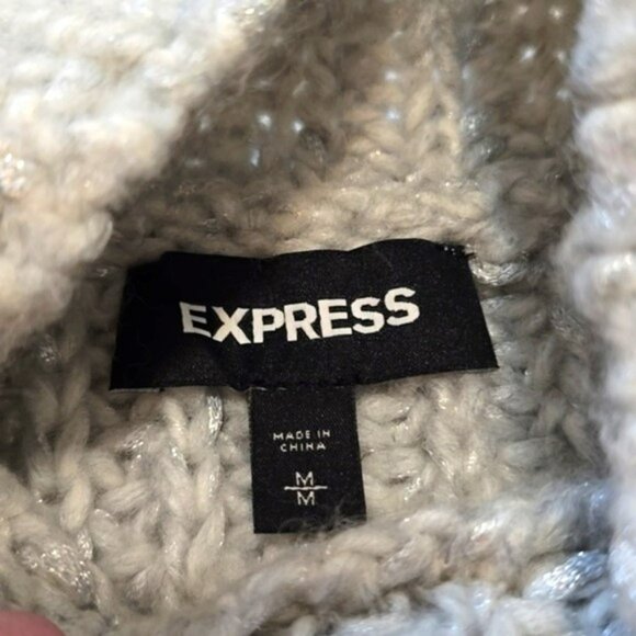 Express Women's Sweater Size Medium Light Blue Grey Chunky Knit High Neck Preppy - Picture 9 of 15